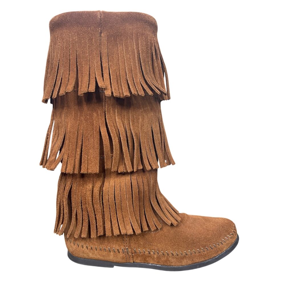 Minnetonka 3-Layer Fringe Suede Brown Moccasin Boots Size 7